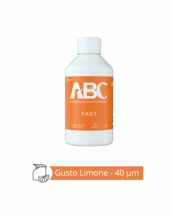 111 Flacone bianco etichettato PT-S1 BICARBONATO GUSTO PESCA 65 µm con accenti arancioni.
