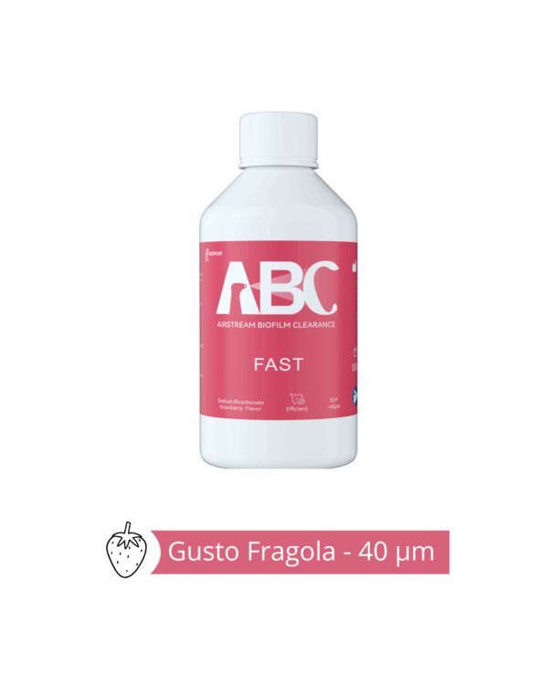 112 Bottiglia bianca etichettata PT-S1 BICARBONATO GUSTO PESCA 65 µm, icona della fragola.