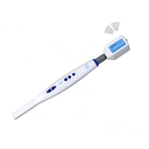 White and blue AIC5888 INTRAORAL CAMERA with buttons and a small display screen.