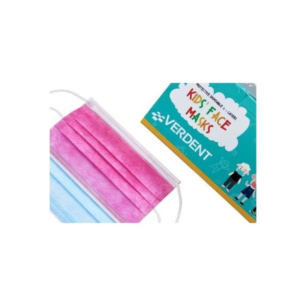 Due MASCHERE PEDIATRICHE DI TIPO II AZZURRE e una maschera rosa vicino alla confezione.