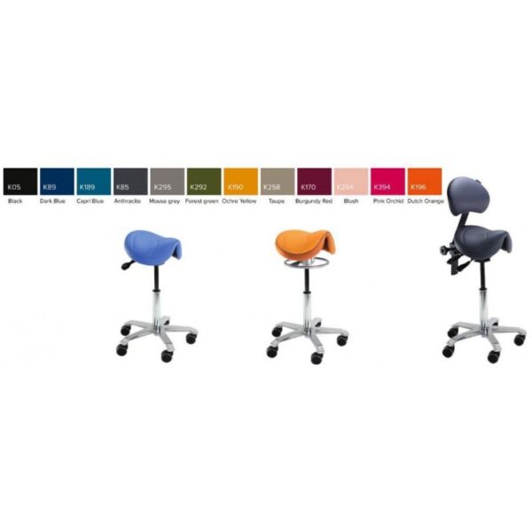 Three blue and orange AMAZONE PLUS adjustable saddle stools, options above.