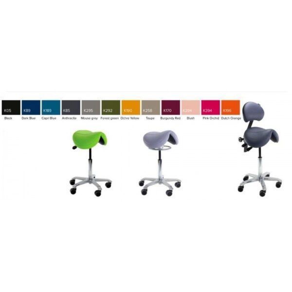 Three JUMPER ergonomic saddle chairs with wheels in various colors under a color chart.