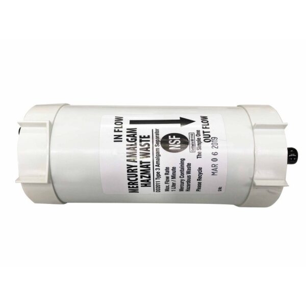 White cylindrical DD2011 AMALGAM SEPARATOR labeled for hazardous waste flow direction.