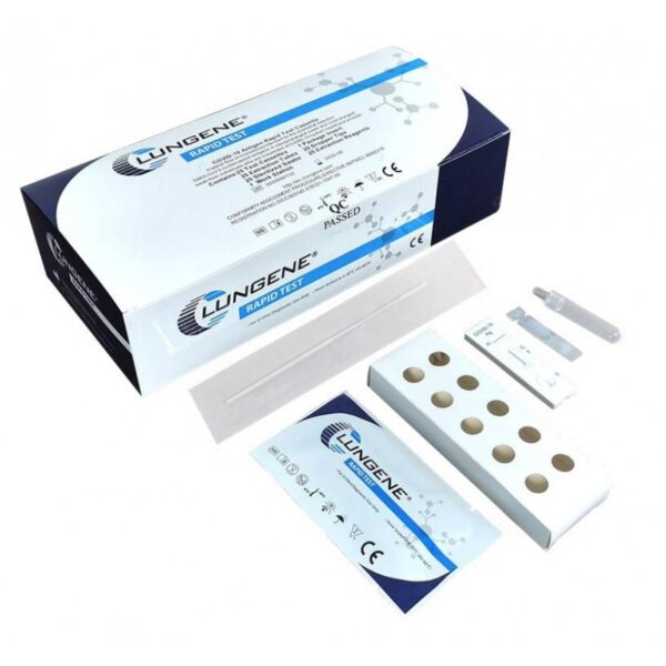 Kit TEST RAPIDO ANTIGENICO NASOFARINGEO CLUNGENE® con scatola, strisce e contagocce.