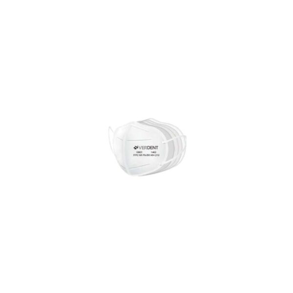 MASCHERINA FFP2 VM01 Maschera MASCHERINA FFP2 VM01 bianca con prese d'aria laterali e testo frontale, su sfondo bianco.