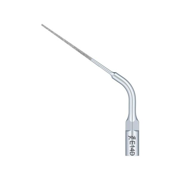 The E14D-TIP FOR SCALER is a metal dental tip with a thin, angled, textured end.