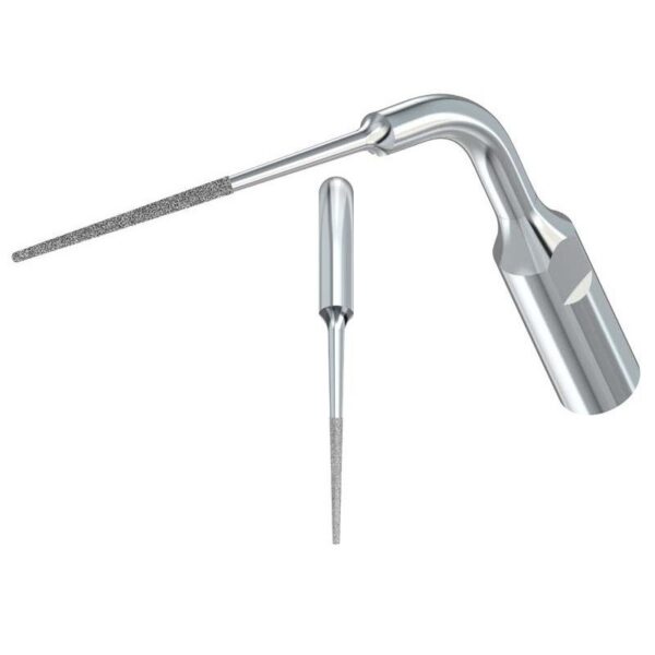 Two dental files, including the E14D-TIP FOR SCALER, with textured tips.