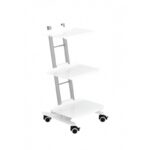 CF3S three-tier white rolling cart with metal frame and four black caster wheels.