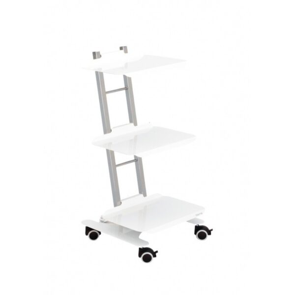 CF3S three-tier white rolling cart with metal frame and four black caster wheels.