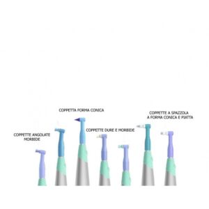 Six K-PO dental prophy angles with assorted brush and cup shapes, labeled in Italian.
