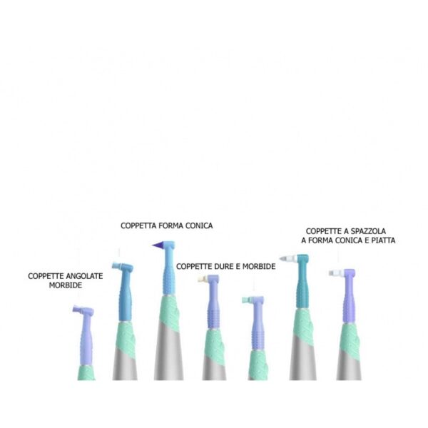 Six K-PO dental prophy angles with assorted brush and cup shapes, labeled in Italian.