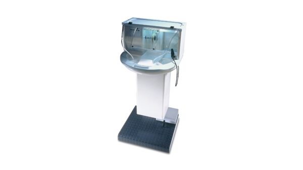 GENIUS White ophthalmic perimeter device on a stand with a footrest, used for vision testing.