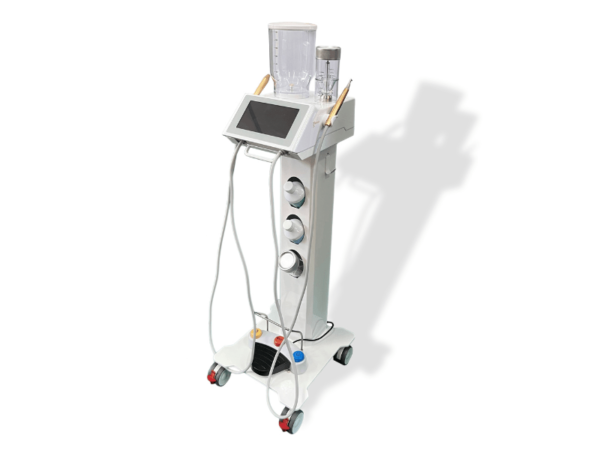 CARRELLO PER SISTEMA PROFILASSI PT-A: dispositivo su ruote con schermo di controllo, tubi, contenitori.