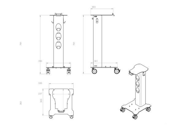 Disegno tecnico del CARRELLO PER SISTEMA PROFILASSI PT-B, un supporto su ruote con quattro uscite.