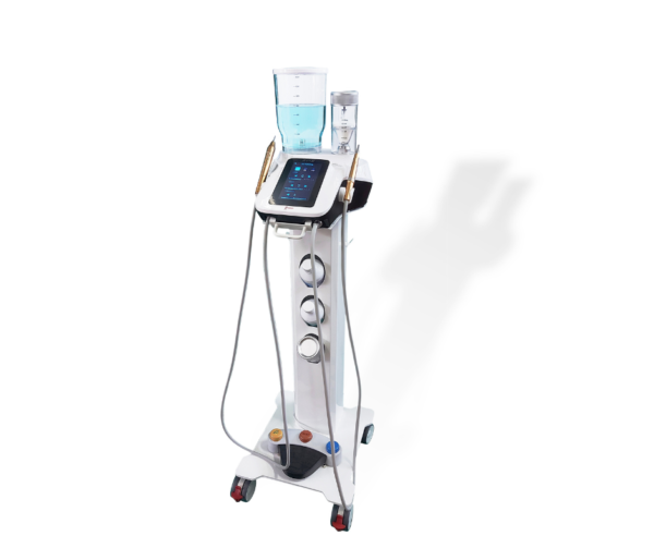 CARRELLO PER SISTEMA PROFILASSI PT-B con tubi, schermo di controllo e contenitori.