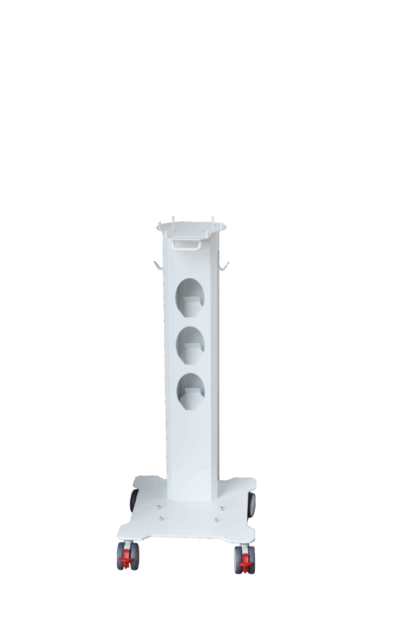 CARRELLO PER SISTEMA PROFILASSI AP-A/AP-B bianco con ritagli, ruote rosse e ganci.