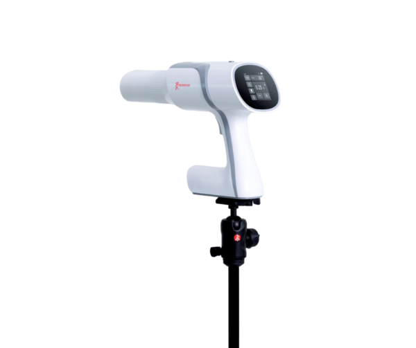 Uno scanner Ai Ray bianco endorale portatile con display su un supporto nero regolabile.