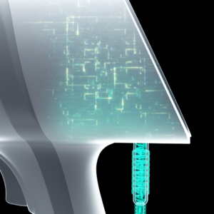 Un futuristico Ai Ray Scanner endorale portatile con schermo trasparente e cavo luminoso.