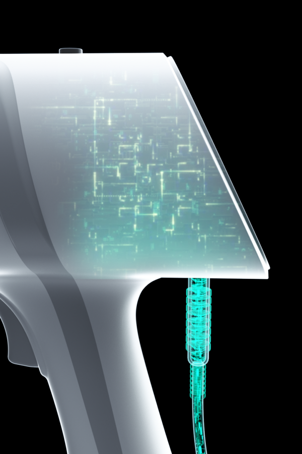 Un futuristico Ai Ray Scanner endorale portatile con schermo trasparente e cavo luminoso.