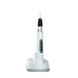 Strumento dentale portatile Fi-E bianco con display digitale sulla base di ricarica.