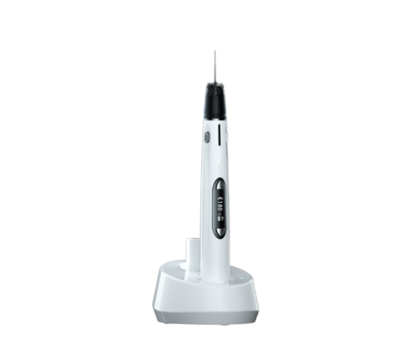 Strumento dentale portatile Fi-E bianco con display digitale sulla base di ricarica.
