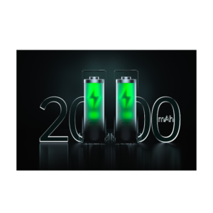 Due batterie Fi-E verdi mostrano la carica, con 2000 mAh sullo sfondo.