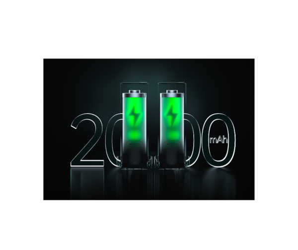 Due batterie Fi-E verdi mostrano la carica, con 2000 mAh sullo sfondo.