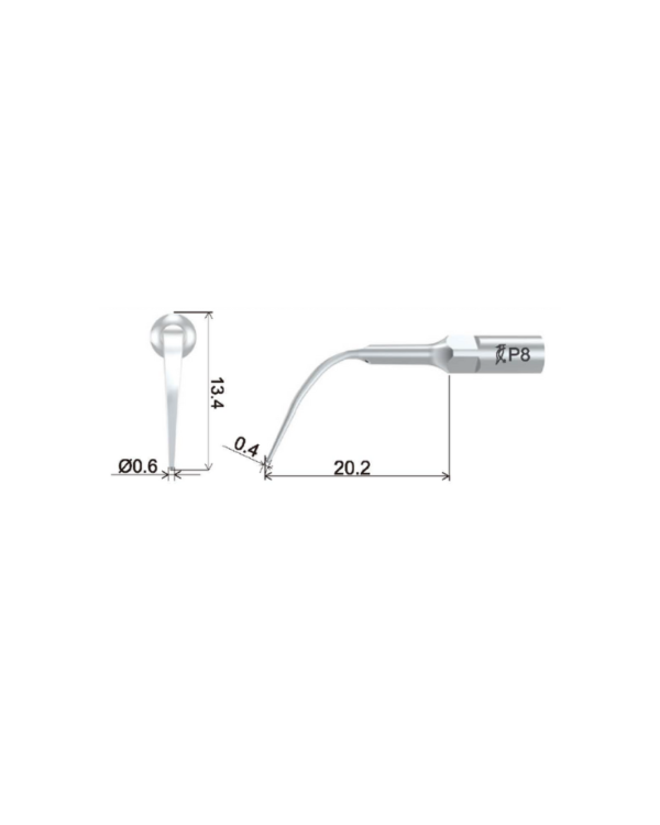 Disegno tecnico etichettato della punta dell'ablatore dentale P8-INSERTO ABLATORE con le dimensioni.
