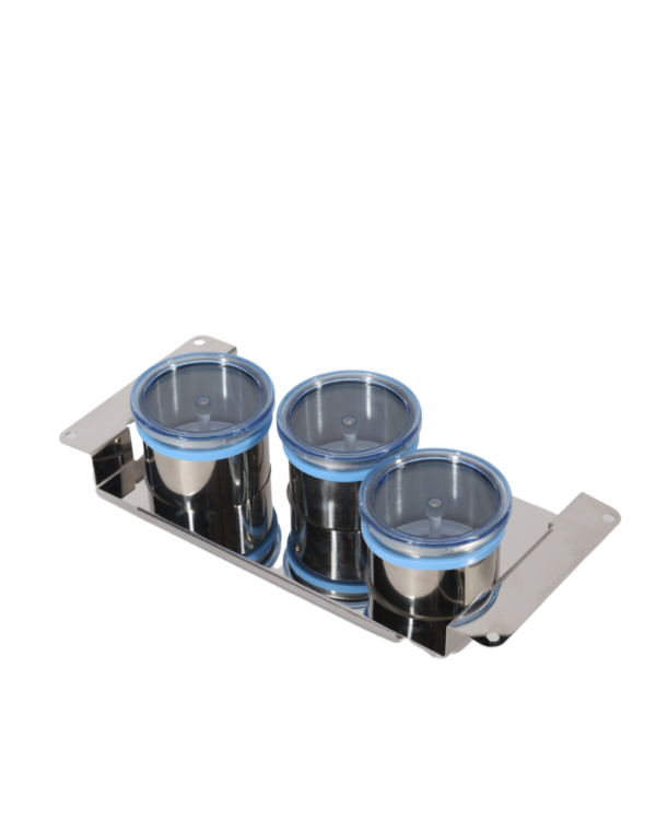 Porta Beaker con 3 Beaker: trio in acciaio inox con coperchi blu su un unico vassoio.