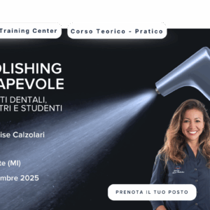 Professionista del settore dentale che promuove un corso di lucidatura ad aria con illustrazione dello strumento a spruzzo e dettagli dell'evento.