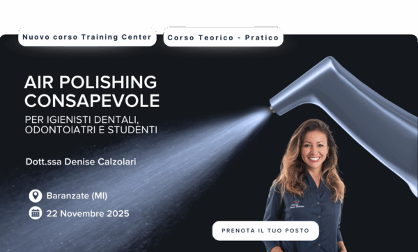 Professionista del settore dentale che promuove un corso di lucidatura ad aria con illustrazione dello strumento a spruzzo e dettagli dell'evento.