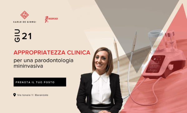 Donna sorridente in tailleur con strumenti "Appropriatezza clinica per una parodontologia mininvasiva".