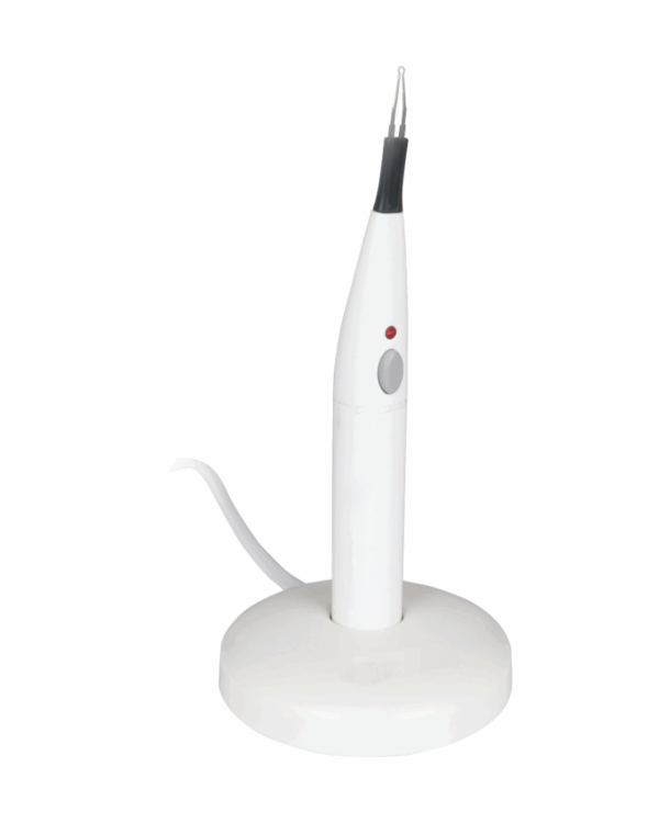 Il dispositivo portatile C-BLADE bianco è dotato di una punta appuntita e di una base di ricarica circolare.