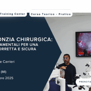 L'istruttore insegna il corso "Endodonzia chirurgica: step fondamentali" con attrezzature dentali.