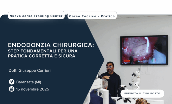 L'istruttore insegna il corso "Endodonzia chirurgica: step fondamentali" con attrezzature dentali.
