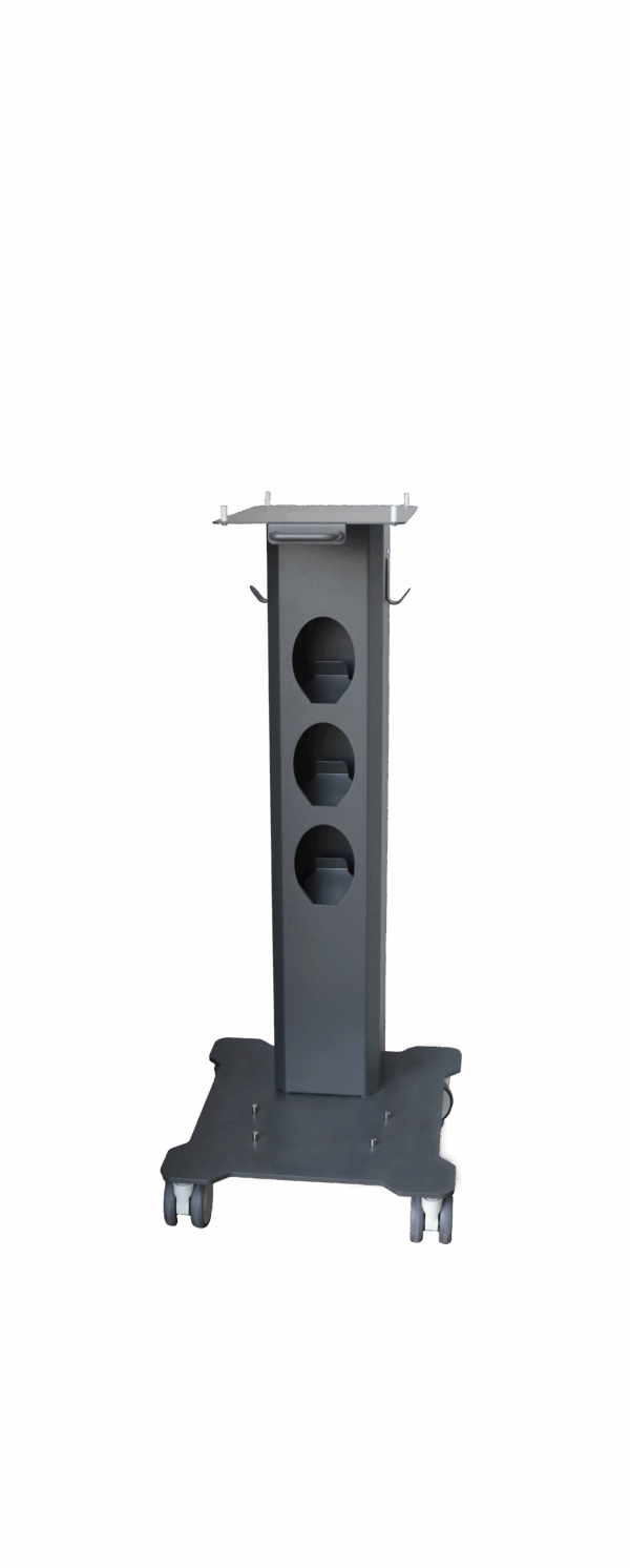 CARRELLO PER SISTEMA PROFILASSI PT-E in metallo nero con ruote, ritagli e ganci laterali.