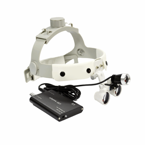 Caschetti DL-408 CASCHETTO INGRANDIMENTO CON LUCE A LED 2,5X bianco con binocolo argentato e cinghia regolabile.