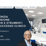 Centro di formazione odontoiatrica con attrezzature, dettagli sugli eventi e un ritratto dei relatori.