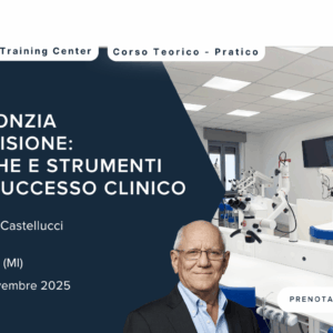 Centro di formazione odontoiatrica con attrezzature, dettagli sugli eventi e un ritratto dei relatori.