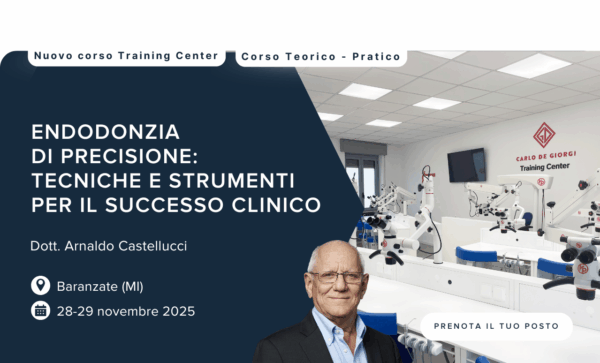 Centro di formazione odontoiatrica con attrezzature, dettagli sugli eventi e un ritratto dei relatori.
