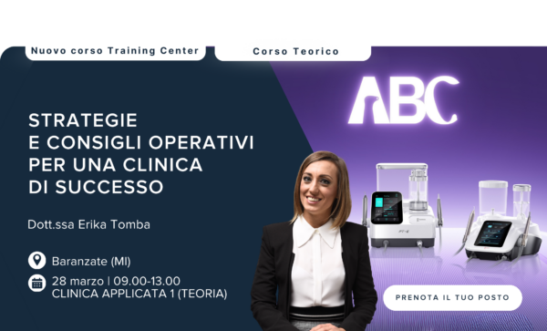 Una donna si trova davanti a dispositivi medici con i dettagli di un evento per un corso clinico.