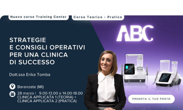 Donna in abito da lavoro in piedi accanto a dispositivi medici; testo con dettagli del corso su sfondo viola.