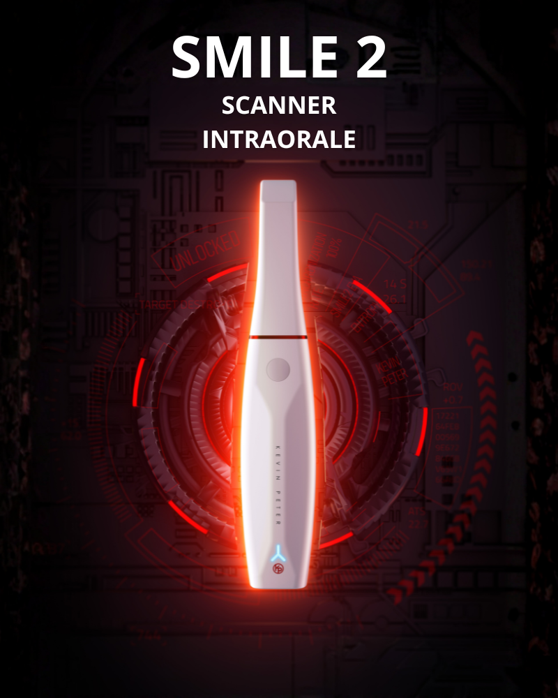 Scanner intraorale Smile 2 con grafica digitale rossa, disponibile presso il De Giorgi Store.