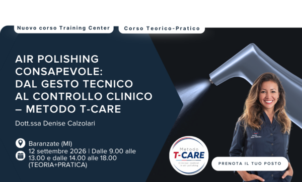 Banner promozionale per un corso di lucidatura dell'aria clinica con i dettagli dell'evento e il relatore.