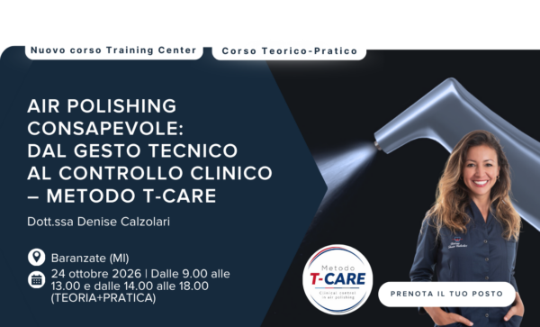 Lucidatrice ad aria dentale in uso con dettagli dell'evento e ritratto di una dentista sorridente.
