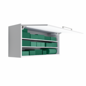 Armadio a parete FX100 Linea Flex bianco con anta aperta, con ripiani di scatole verdi.