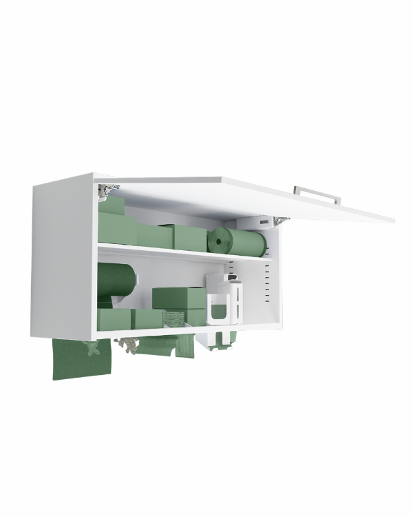FXD100 Pensile Linea Flex FXD100 bianco con carta verde all'interno, porta aperta.