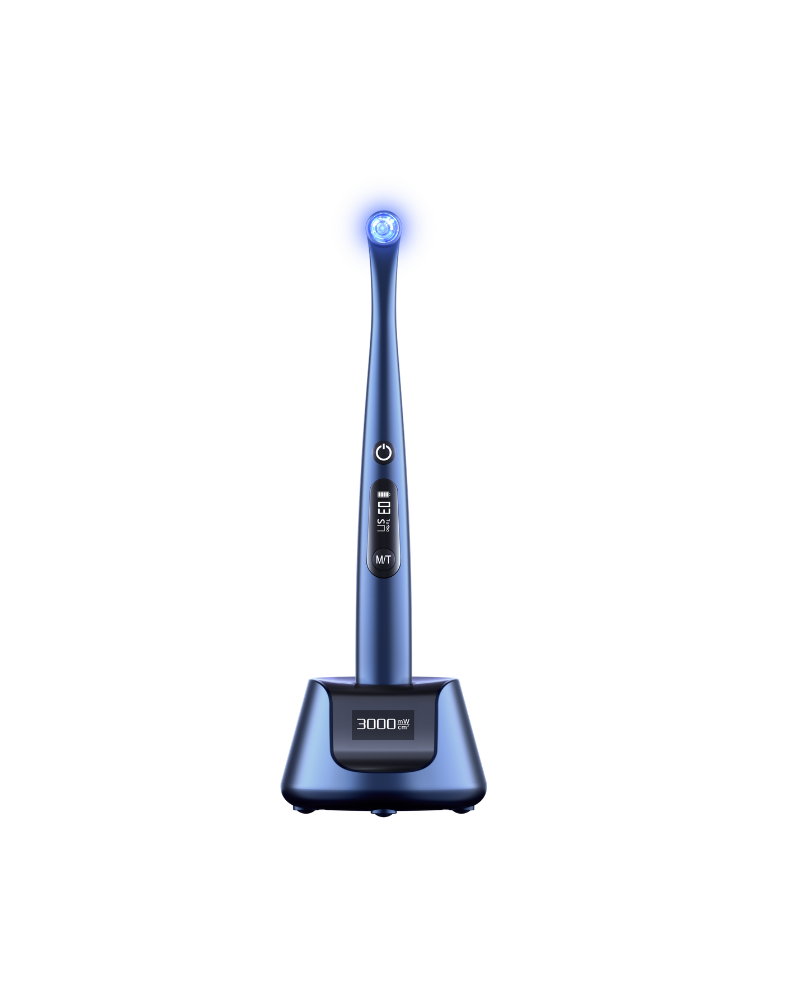 Lampada dentale portatile X-Star blu con base di ricarica, che emette luce LED blu.