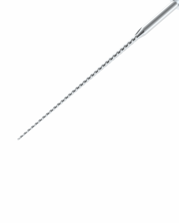 Primo piano di una singola lima dentale in metallo sottile e a spirale su uno sfondo bianco.