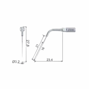 Strumento dentale con punta angolata, etichettato F60 e annotato con le misure di lunghezza.